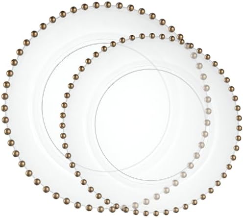 PLASTICPRO 64 Piece Combo Plastic Dinner Plates Disposable Plastic Fancy Heavy Duty Party Dishes 7 inch and 10 inch, Clear and Gold Beaded
