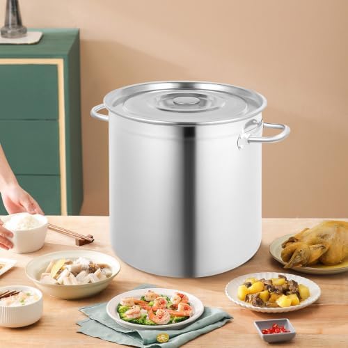 Stainless Steel Stock Pot with Lid, 30 Quart Heavy Duty Induction Soup Pot with Airtight Lid and Strong Handles, Commercial Big Pot 1.2mm Thick Body, Heat Distribution, Compatible Most Cooktops