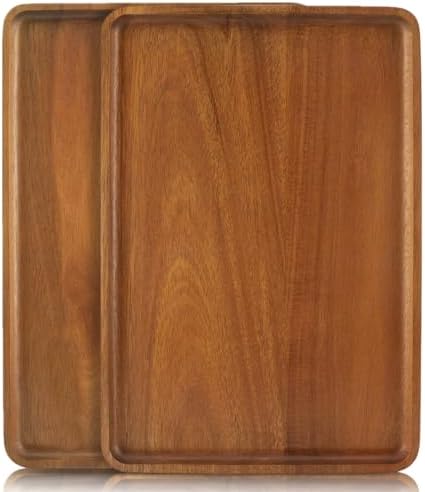 2 PCS Solid Acacia Wood Serving Trays 16 * 12 inch Rectangular Wooden Serving Platters Natural Wooden Boards for Bar Coffee Party