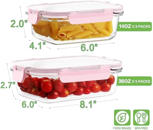 10 Pack Borosilicate Glass Meal Prep Containers with Locking Lids, Glass Food Storage Containers Set, Airtight Lunch Bento Boxes, BPA-Free & Leak Proof, 36oz & 14oz, Freezer, Oven Safe-Pink