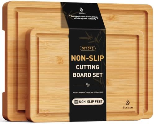2 Piece Bamboo Cutting Board Set, Heavy Duty Wooden Boards with Juice Grooves & Easy Grip Handles, Ideal Chopping Boards for Meat, Cheese, Vegetables & Fruits Kitchen Gift