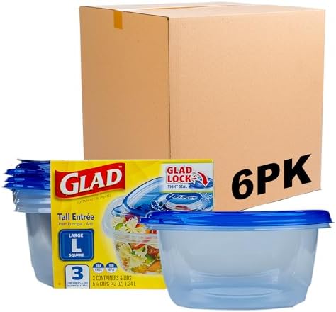Glad GladWare Tall Entree Containers, Large Square, 42 Oz, 3 Count, 6-Pack