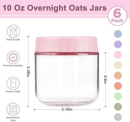 Overnight Oats Containers with Lids, 10oz Wide Mouth Mason Jars with Lids, 6 Pack Glass Jars with Airtight lid for Chia Pudding Yogurt Salad, Meal Prer Oatmeal Jars, Pink