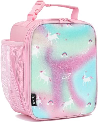 FlowFly Kids Lunch box Insulated Soft Bag Mini Cooler Back to School Thermal Meal Tote Kit for Girls, Boys, Glitter-Unicorn