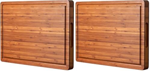 Allsum Bamboo Wood Cutting Board for Kitchen, 1" Thick Butcher Block, Cheese Charcuterie Board, with Side Handles and Juice Grooves, 16x11" (Pack of 2)