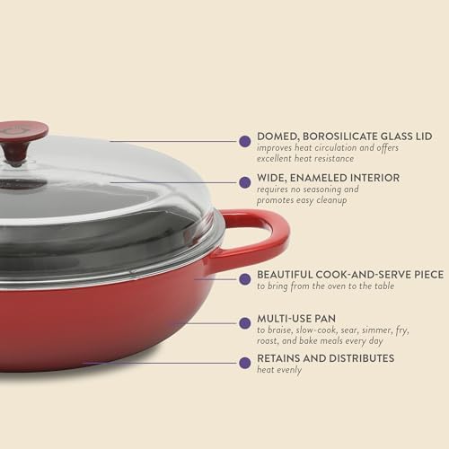 Crock Pot Artisan 5-Quart Enameled Cast Iron Braiser Pan With Oven Safe Borosilicate Glass Lid, Everyday Covered Skillet for Searing, Roasting, and Baking, Red