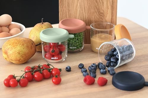 BEABA 4 Pack Glass Baby Food Jars with Soft Silicone Air Tight Lids, 8 oz Glass Storage Containers with Lids, Microwave and Freezer Safe Containers, Sunrise