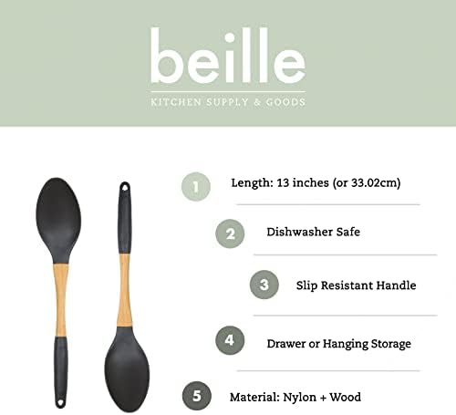 Beille Grey Nylon Spoon with Wooden Handle Kitchen Utensils High Heat Resistance, 13 Inch