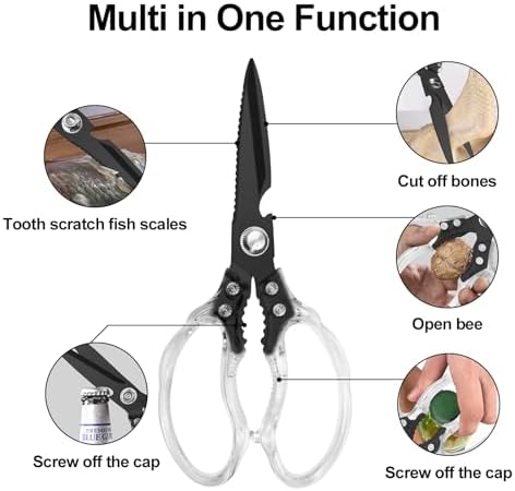 CGBE Kitchen Scissors, Multi-Purpose Kitchen Shears, Heavy Duty Food Scissors for Chicken, Poultry, Fish, Meat & Herbs with Non-Slip Grips (Transparent Black)