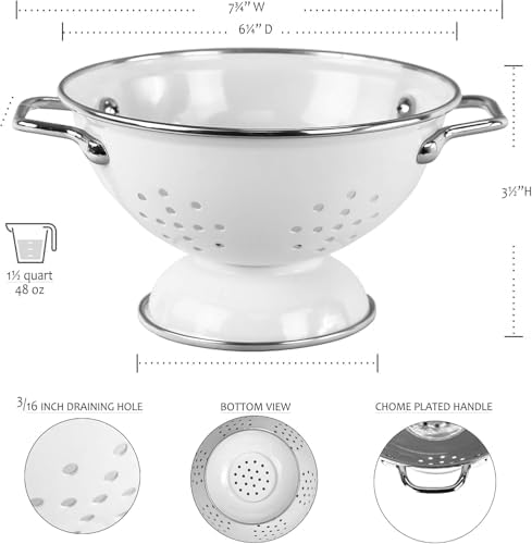 Reston Lloyd Calypso Basics Powder Coated Enameled Colander with Solid Base, Strainer Basket with Handles, for Pasta, Berries, Vegetables, Fruit, White ( 1 qt, 32 oz )