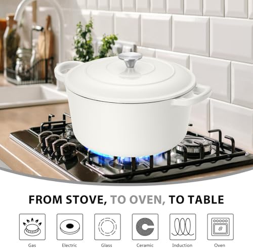 E-far 6 Quart Dutch Oven, Enameled Cast Iron Dutch Oven Pot with Lid, Nonstick Round Cookware for Braising/Stews/Roasting/Bread Baking/Cooking, Heavy Duty, Induction & Oven Safe - White