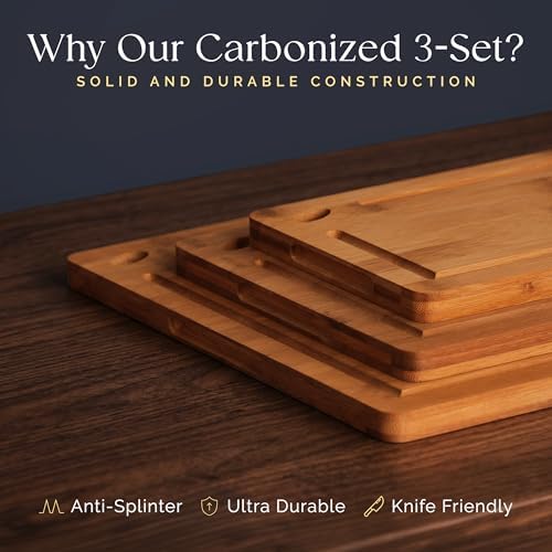 Pre-Oiled, Non Toxic 3-Piece Carbonized Bamboo Cutting Board Set