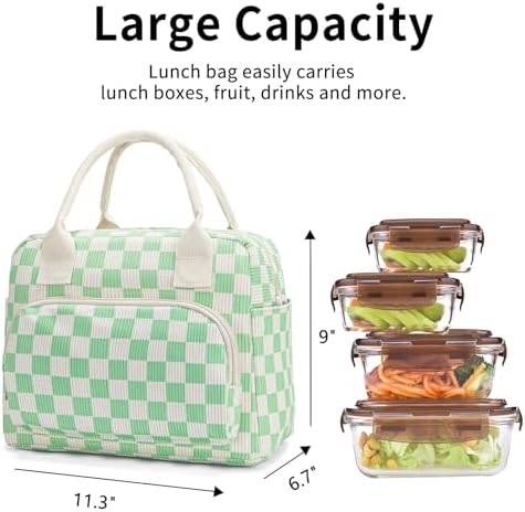 Lunch Bag Women Lunch Box for Women Adult Cute Insulated Lunch Bag Lager Cooler Lunch Tote Bags for Work Picnic (Beige-Light Green Plaid)