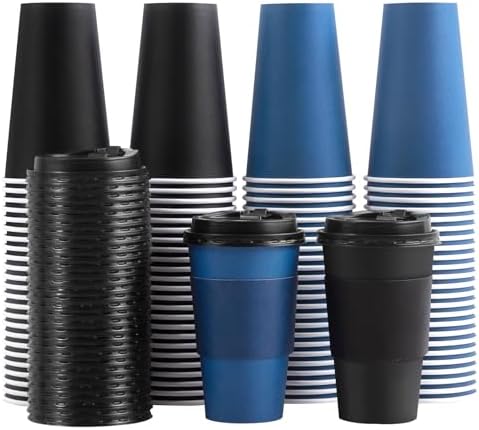 SIUQ 100 Pack 16 oz Coffee Cups with Lids, Disposable Hot Paper Coffee Cups