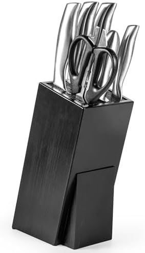 Acacia Wood Angled Knife Block with Multi-Purpose Holder – Universal Kitchen Knife Storage with Removable Bristle Insert (black bamboo, small)