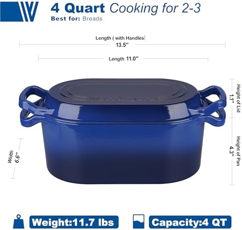 VORRINGARD Oval Dutch Oven Pot with Lid, Enamel Coating Cast Iron Bread Pans for Homemade Sourdough Bread Baking, Cooking, 4 Quart, Blue
