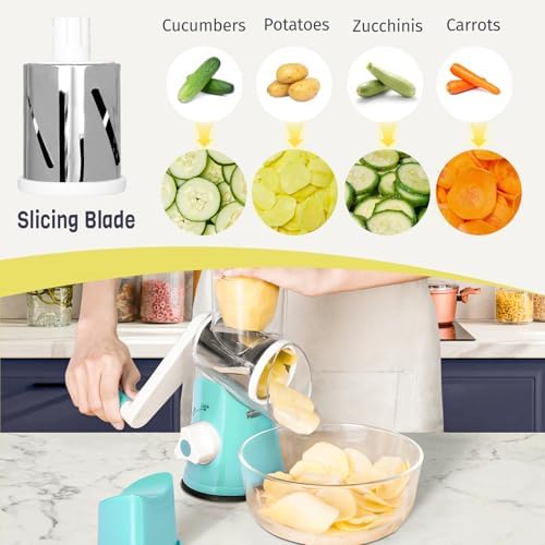 X Home Rotary Cheese Grater for Kitchen, Shredder with 3 Interchangeable Blades, Rotary Grater with Handle and Strong Suction Base, for Vegetables, Fruit, Nuts, Easy to Use and Clean, Blue (Pack of 2)