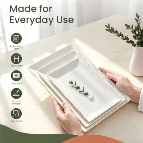 Kassel Ceramic Serving Platter Set | 14”/12”/10” Rectangular Serving Trays for Entertaining at Parties and Weddings | Oven Safe Large Serving Trays for Tacos, Steak, and Cake