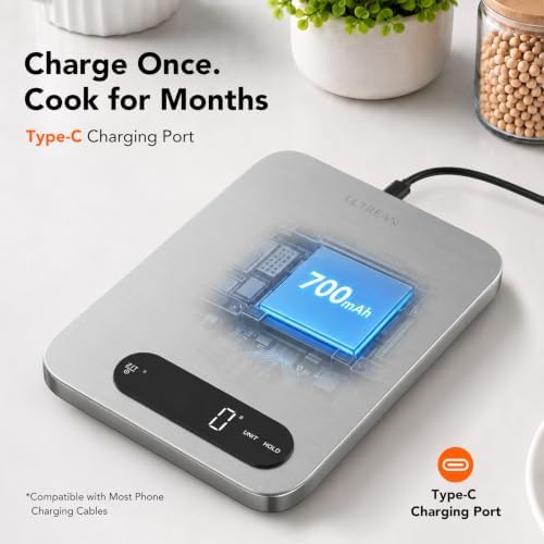 Ultrean IPX7 Waterproof Digital Food Scale, 33lb Kitchen Scale with Grams and Ounces (g/oz), Rechargeable Type-C, 1g Precision, 304 Stainless Steel, LED Display for Cooking, Baking & Meal Prep