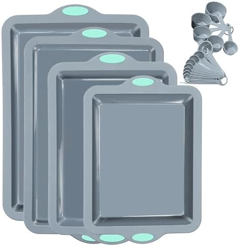 To encounter Silicone Baking Pans Set, 4 Pieces Nonstick Bakeware Set with Baking Pans, Baking Sheets, Cookie Sheets, Cake Pan with Grips and Metal Reinforced Frame More Strength, Light Grey