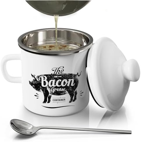 Bacon Grease Container with Strainer-15OZ Enamel Saver, Dishwasher Safe