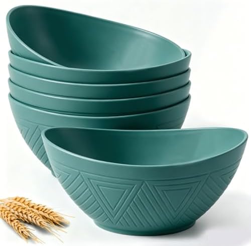 Homienly Salad Bowls 6 PCS Wheat Straw Bowls - 60oz Large Serving Bowl - Microwave and Dishwasher Safe Centerpiece Bowl Big Soup Bowl for Kitchen, Camping, Picnic, Party, Popcorn Bowl Set - Green