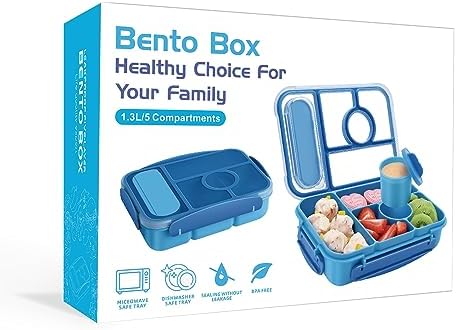 Amathley Bento Box Adult Lunch Box Kids,Lunch Containers for Adults/Kids/Toddler,5 Compartments Bento Lunch Box with Sauce Vontainers,Microwave & Dishwasher & Freezer Safe,BPA-Free (Blue)