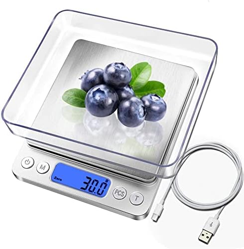 Food Scale, Rechargeable Kitchen Scale with Trays 3000g/0.1g, Mini Scale with Tare Function Digital Scale Grams and Ounces for Weight Loss, Dieting, Cooking, Meal Prep, Coffee, Jewelry