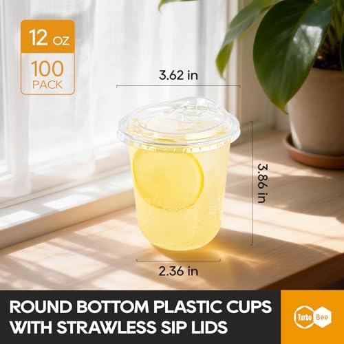 Turbo Bee 12oz Plastic Cups with Lids, 100 Pack, Iced Coffee Cups with Lids