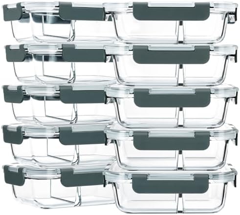 M MCIRCO 10 Pack,30 oz, 2 Compartments Glass Meal Prep Containers with Lids