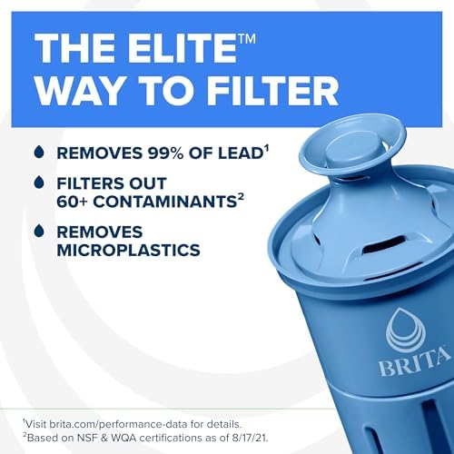 Brita Large 10-Cup Elite Water Filter Pitcher, WQA NSF/ANSI Certified, Reduces 99% of Lead, Microplastics, & 30 Contaminants, BPA-Free, Removes Chlorine Taste & Odor, 1 Filter Included, White