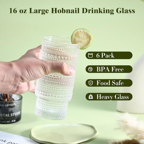 Large Capacity 16 oz Hobnail Drinking Glasses Set of 6, Vintage Glassware Drinking Glasses, Clear Water Glasses Tumbler, Cups for Kitchen, Juice, Beer, Cocktail, Whiskey
