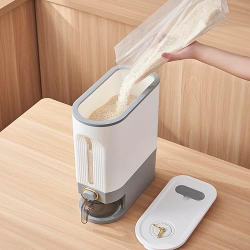 Sooyee 22 Lbs Rice Dispenser with Measuring Cup, White and Grey