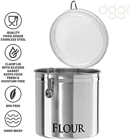 Oggi Stainless Steel Kitchen Canister 152oz + Oggi Jumbo 8" Stainless Steel Flour Clamp Canister