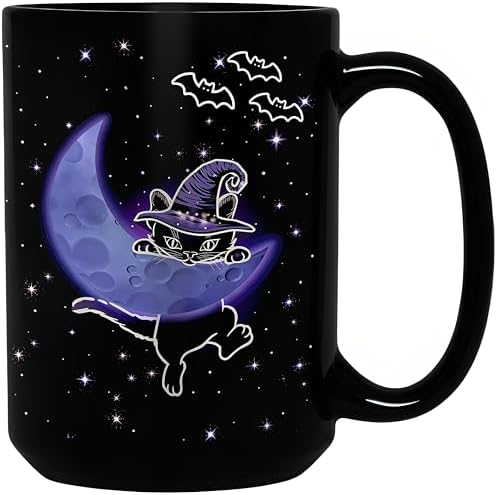 Halloween Witchy Cat Coffee Mug for Cat Lovers, 15oz Black Ceramic Tea Cup