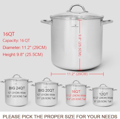HOMICHEF 16 Quart LARGE Stock Pot with Glass Lid - NICKEL FREE Stainless Steel Healthy Cookware Stockpots with Lids 16 Quart - Mirror Polished Induction Cooking Pot