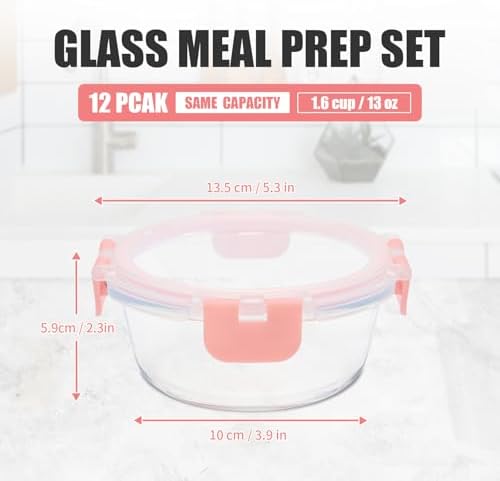 GULFLIN 12pack, 13oz Small Glass Food Storage Containers with Lids, Pink