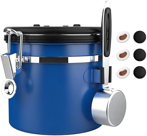 ShanSon Coffee Canister Airtight, Stainless Steel Bean Storage Container with Date Tracker & Scoop, Grounds Sugar Flour Tea Cereal Fits Kitchen Pantry, Ideal Gift for Coffee Lovers,12oz,Blue
