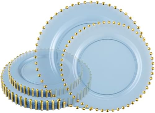 PLASTICPRO 32 Piece Combo Plastic Dinner Plates Disposable Plastic Fancy Heavy Duty Party Dishes 7 inch and 10 inch, Translucent Blue and Gold Beaded