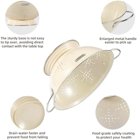 Metal Colander 2 Pack, Strainer Bowel with Handles 2Qt & 6Qt Powder Coated Solid Ring Base Heavey Duty Kitchen Drainer Basket for Pasta Veggies and Fruits,New Home Apartment Essentials (Almond Cream)