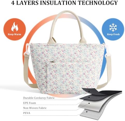 Lunch Bag for Women Adult Large Insulated Lunch Box Girl Cute Corduroy Lunch Tote Bags Reusable Leakproof Cooler Work Picnic