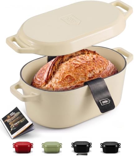 KooK Dutch Oven, For Sourdough Baking, Dual Handles, Enameled Cast Iron, includes Silicone Mat and Sourdough Guide, Dishwasher Safe, Oven safe 500F, 5 Qt, (Ivory)