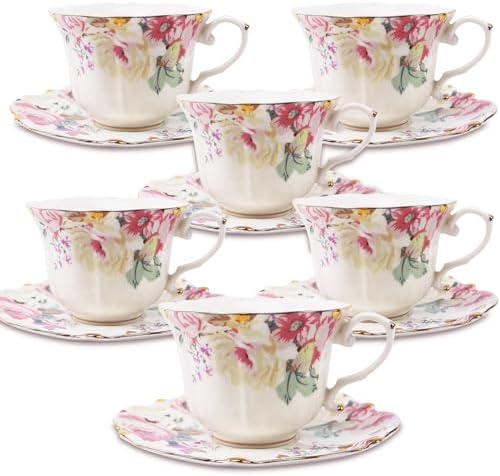 TATSUMI Country Roses 18 Peices Bone China Tea Cup And Saucer Set, English Vintage Tea Cups Of 6 For Women And Tea Party Sets(Pink,6 sets)