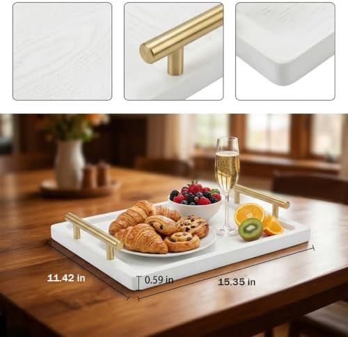 PEKER Wooden Serving Tray with Metal Handles, Black Decorative Coffee Table Tray for Breakfast in Bed, Ottoman & Home Décor, Wooden Food Tray for Kitchen (Bamboo White Large)