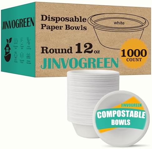 JINVOGREEN 1000 Count 12 oz Paper Bowls Bulk, Compostable Bowls, White