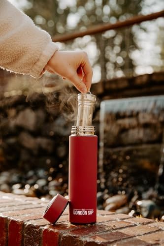 London Sip Multi-Purpose Travel Mug and Tumbler Fruit Infused Flask Hot and Cold Double Wall Stainless Steel Thermos with Extra-Long Infuser, Sacred Red, Pack of 2