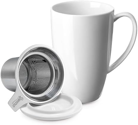 Sweese 15oz Porcelain Tea Mug with Infuser and Lid – Microwave Safe, Ergonomic Handle, Lead-Free Glaze, for Loose Leaf Tea White;