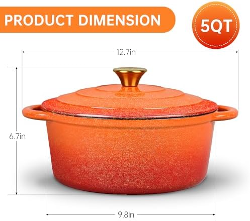 5 QT Enameled Cast Iron Dutch Oven Pot with Lid & Gold Powder