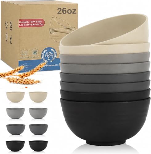 Wrova Wheat Straw Bowls Set 8 PCS, 26 OZ Cereal Bowls Microwave Safe