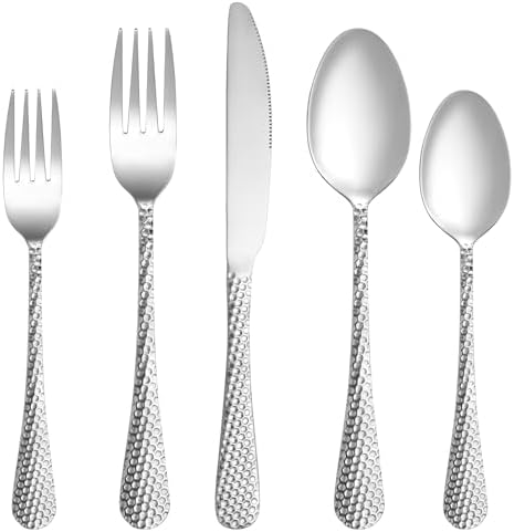 60 Pcs Hammered Silverware Set Service for 12,Stainless Steel Flatware Set,Mirror Polished Cutlery Utensil Set,Durable Home Kitchen Eating Tableware Set,Include Fork Knife Spoon Set,Dishwasher Safe